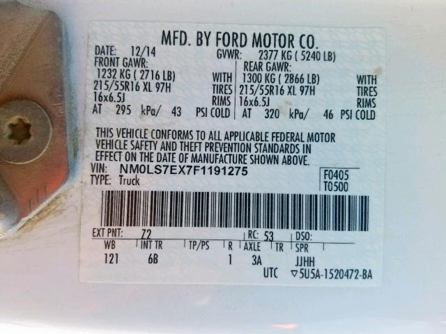 NM0LS7EX7F1191275 - 2015 FORD TRANSIT CO WHITE photo 10