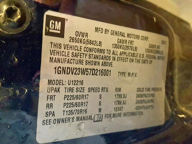 1GNDV23W57D216001 - 2007 CHEVROLET UPLANDER L BLUE photo 10