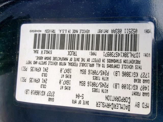 1D7HL38K14S730971 - 2004 DODGE DAKOTA QUA BLUE photo 10