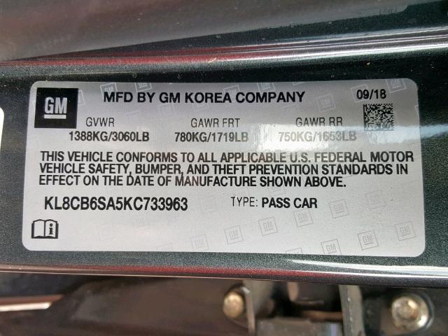 KL8CB6SA5KC733963 - 2019 CHEVROLET SPARK LS GRAY photo 10