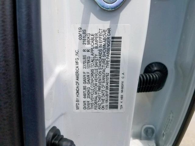 19UUB1F38KA010762 - 2019 ACURA TLX WHITE photo 10