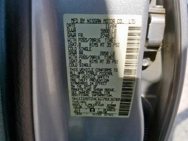 5N1ED28T24C678320 - 2004 NISSAN XTERRA XE SILVER photo 10