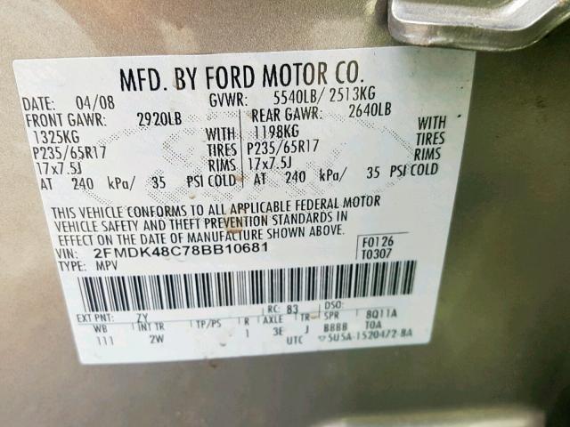 2FMDK48C78BB10681 - 2008 FORD EDGE SEL GRAY photo 10