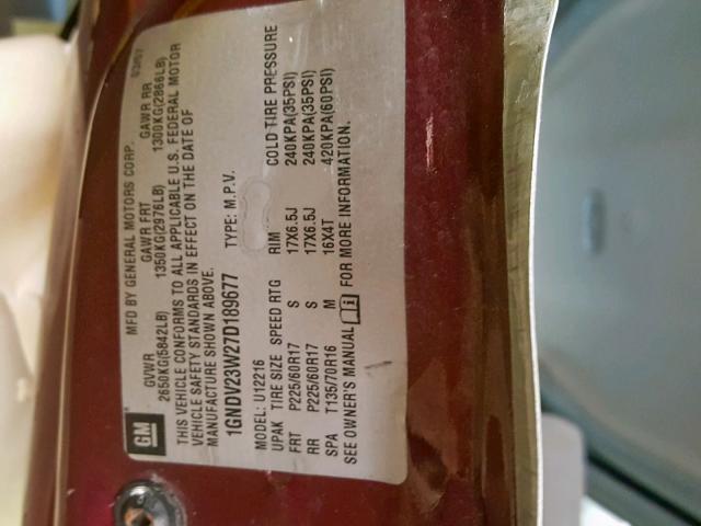 1GNDV23W27D189677 - 2007 CHEVROLET UPLANDER L 栗色 照片 10