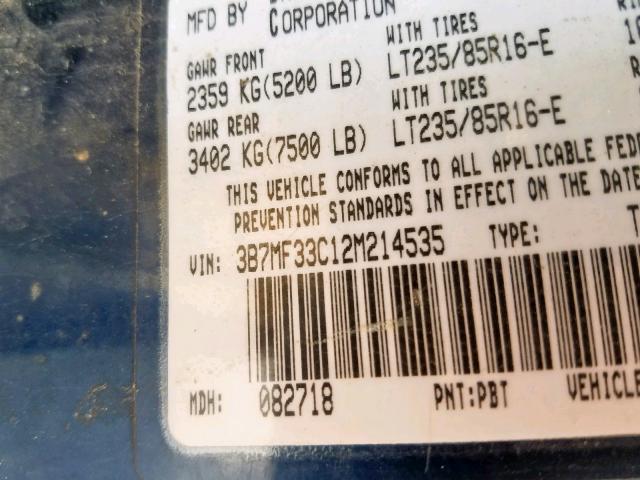 3B7MF33C12M214535 - 2002 DODGE RAM 3500 BLUE photo 10