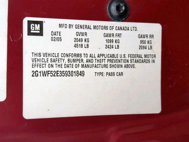 2G1WF52E359301849 - 2005 CHEVROLET IMPALA BURGUNDY photo 10