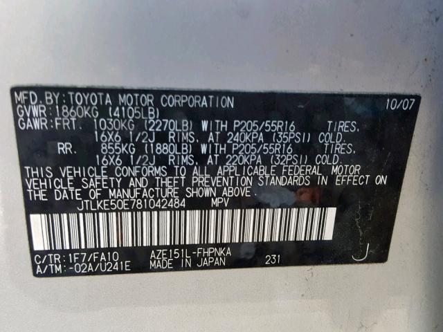 JTLKE50E781042484 - 2008 TOYOTA SCION XB 银色 照片 10