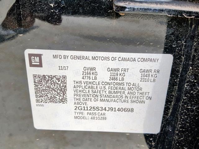 2G1125S34J9140698 - 2018 CHEVROLET IMPALA PRE BLACK photo 10