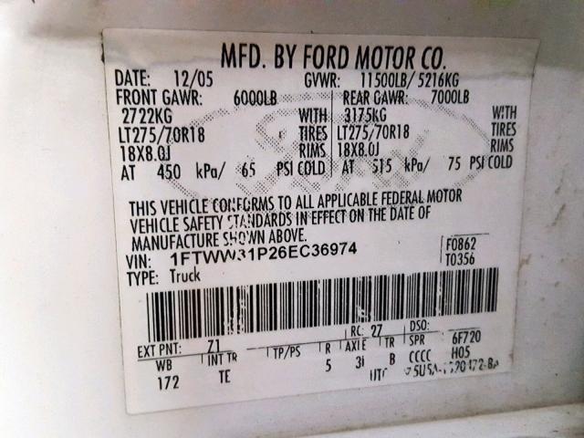 1FTWW31P26EC36974 - 2006 FORD F350 SRW S WHITE photo 10