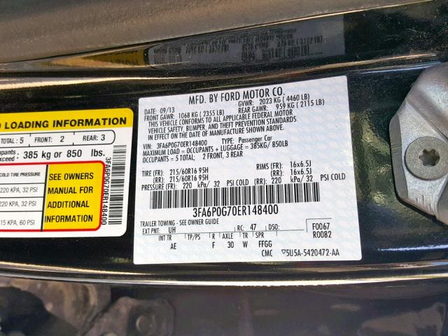 3FA6P0G70ER148400 - 2014 FORD FUSION S BLACK photo 10