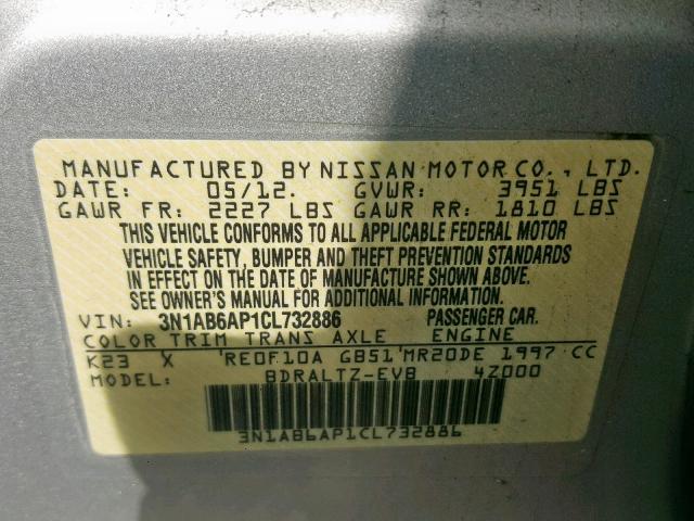 3N1AB6AP1CL732886 - 2012 NISSAN SENTRA 2.0 SILVER photo 10