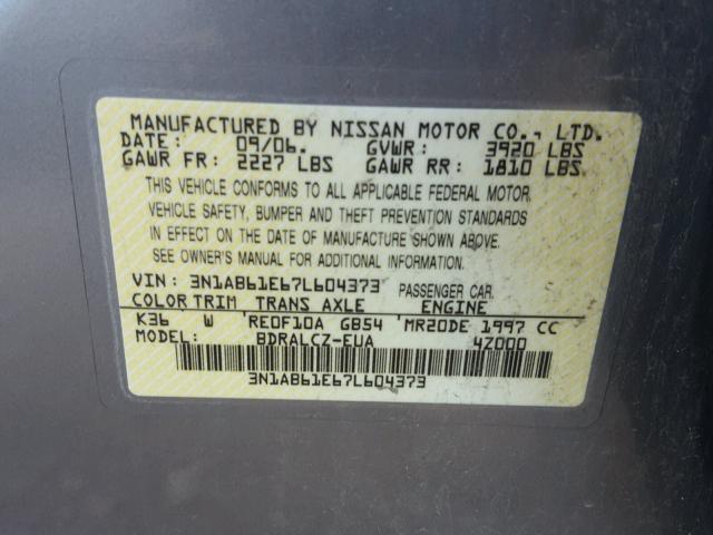 3N1AB61E67L604373 - 2007 NISSAN SENTRA 2.0 GRAY photo 10