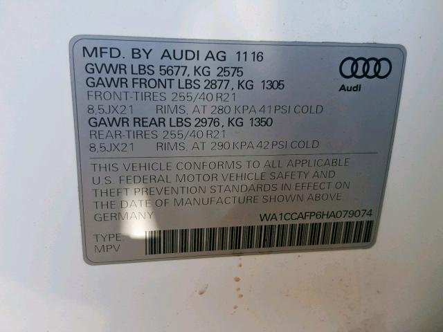 WA1CCAFP6HA079074 - 2017 AUDI SQ5 PREMIU WHITE photo 10