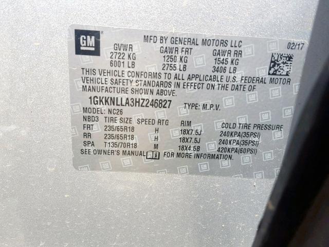 1GKKNLLA3HZ246827 - 2017 GMC ACADIA SLE SILVER photo 10