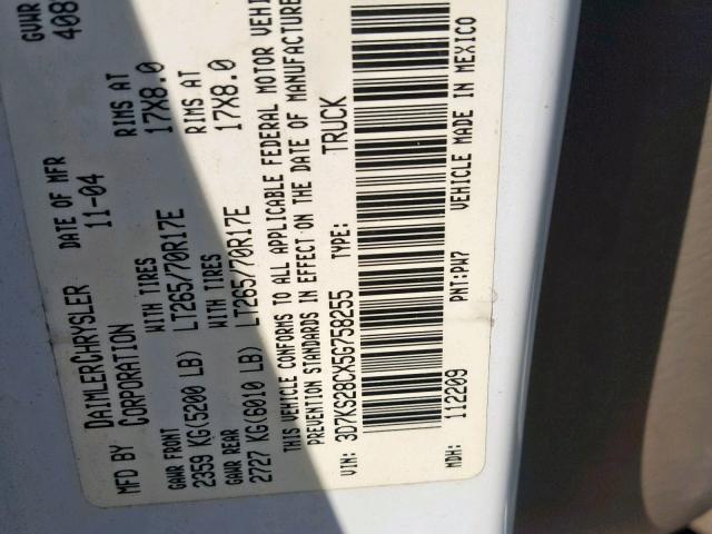 3D7KS28CX5G758255 - 2005 DODGE RAM 2500 S Սպիտակ լուսանկար 10