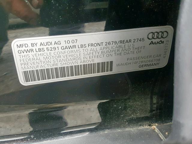 WAUDH74F28N066708 - 2008 AUDI A6 3.2 QUA BLACK photo 10