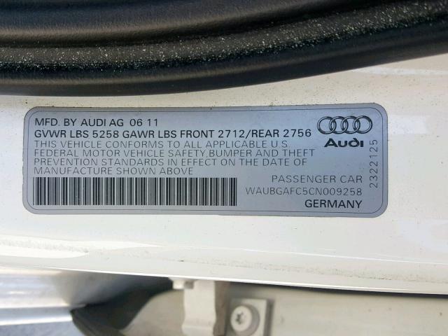 WAUBGAFC5CN009258 - 2012 AUDI A6 WHITE photo 10