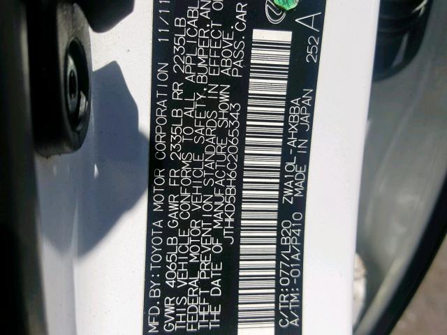 JTHKD5BH6C2065343 - 2012 LEXUS CT 200 WHITE photo 10