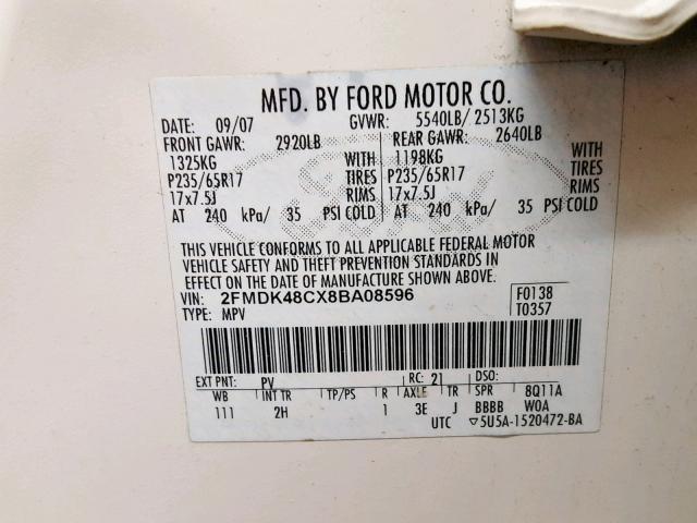 2FMDK48CX8BA08596 - 2008 FORD EDGE SEL WHITE photo 10