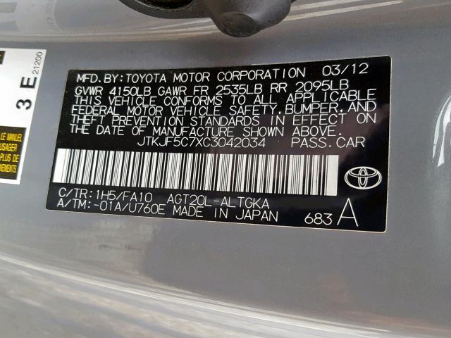 JTKJF5C7XC3042034 - 2012 TOYOTA SCION TC ვერცხლისფერი ფოტო 10