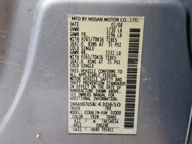 1N6AD07U58C430650 - 2008 NISSAN FRONTIER C GRAY photo 10