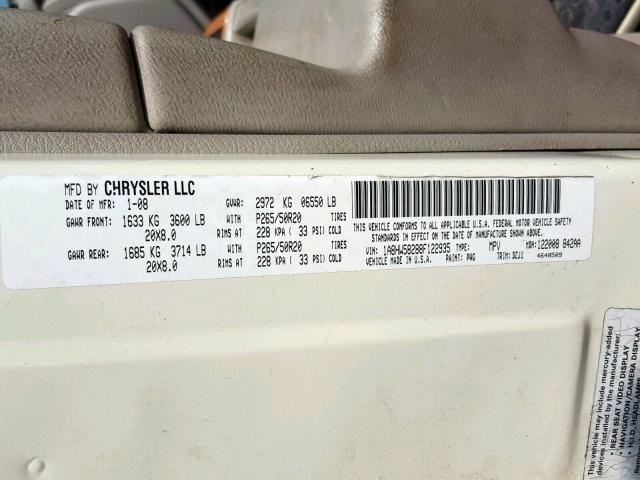 1A8HW58288F122935 - 2008 CHRYSLER ASPEN LIMI WHITE photo 10