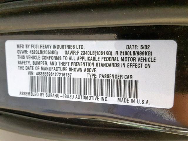 4S3BE896127216787 - 2002 SUBARU LEGACY OUT BLACK photo 10