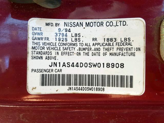 JN1AS44D0SW018908 - 1995 NISSAN 240SX BASE BURGUNDY photo 10