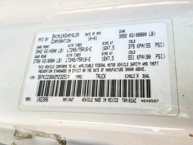 3B7KC23602M232514 - 2002 DODGE RAM 2500 WHITE photo 10