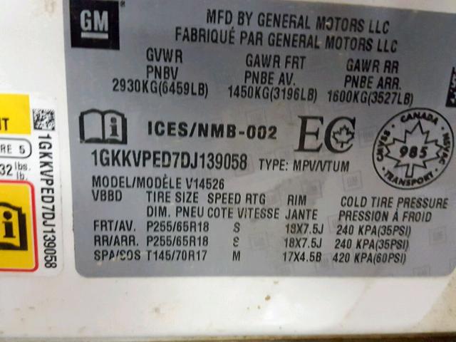 1GKKVPED7DJ139058 - 2013 GMC ACADIA SLE WHITE photo 10