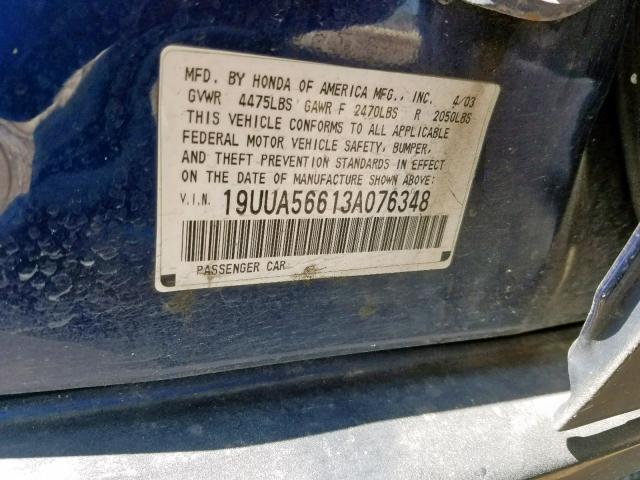 19UUA56613A076348 - 2003 ACURA 3.2TL BLUE photo 10