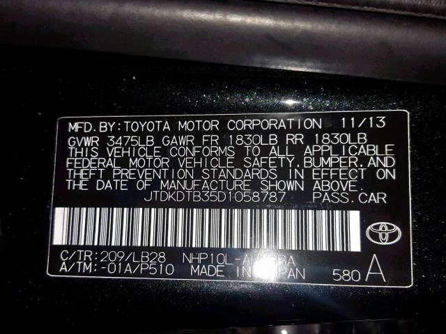 JTDKDTB35D1058787 - 2013 TOYOTA PRIUS C BLACK photo 10