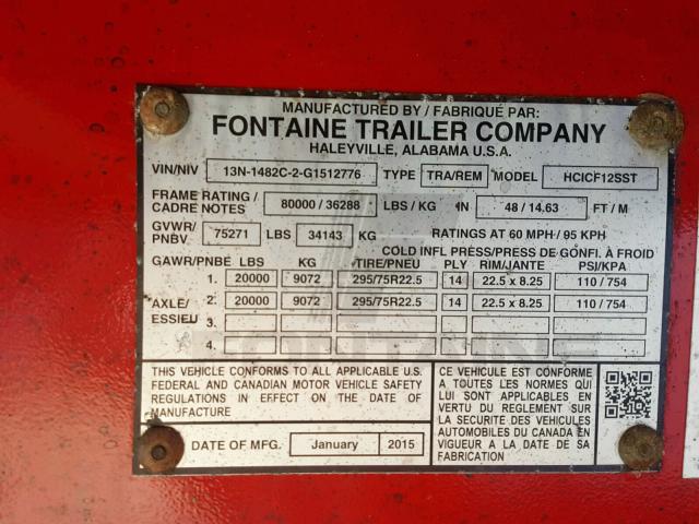 13N1482C2G1512776 - 2016 FONTAINE FLATBED TR RED photo 10