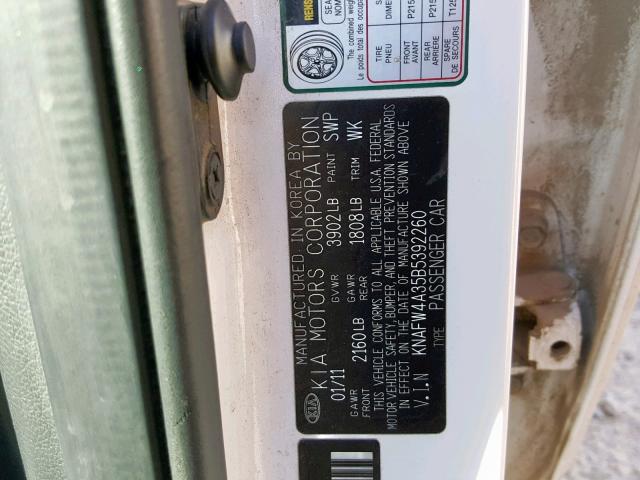 KNAFW4A35B5392260 - 2011 KIA FORTE SX WHITE photo 10