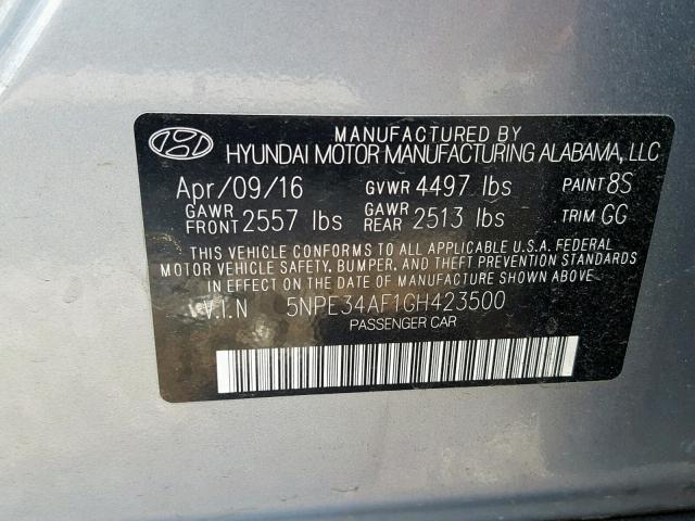 5NPE34AF1GH423500 - 2016 HYUNDAI SONATA SPO SILVER photo 10