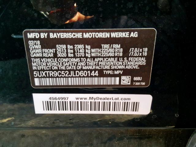 5UXTR9C52JLD60144 - 2018 BMW X3 XDRIVE3 BLACK photo 10