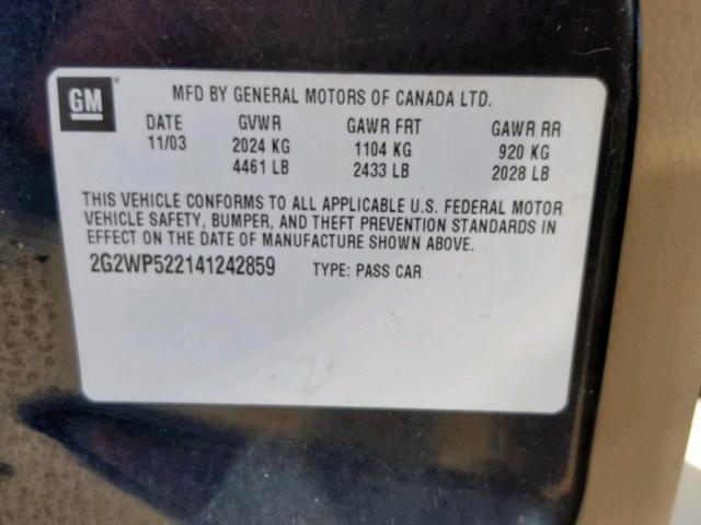 2G2WP522141242859 - 2004 PONTIAC GRAND PRIX BLACK photo 10