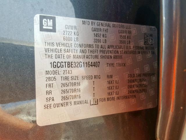 1GCGTBE32G1164407 - 2016 CHEVROLET COLORADO GRAY photo 10