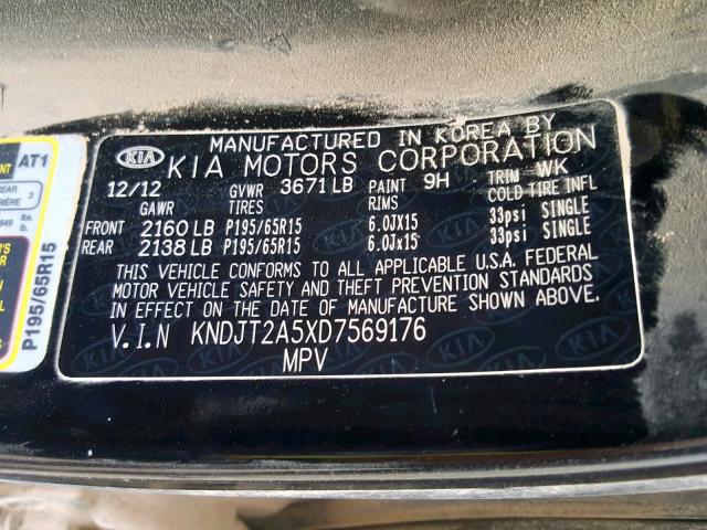 KNDJT2A5XD7569176 - 2013 KIA SOUL BLACK photo 10