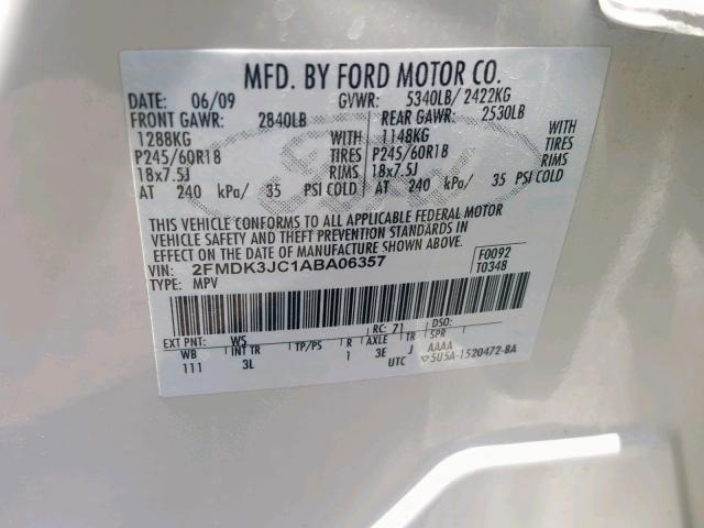 2FMDK3JC1ABA06357 - 2010 FORD EDGE SEL WHITE photo 10