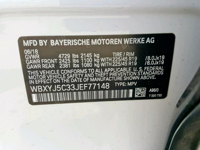 WBXYJ5C33JEF77148 - 2018 BMW X2 XDRIVE2 WHITE photo 10