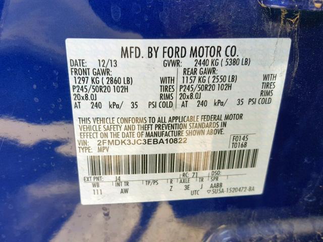 2FMDK3JC3EBA10822 - 2014 FORD EDGE SEL BLUE photo 10