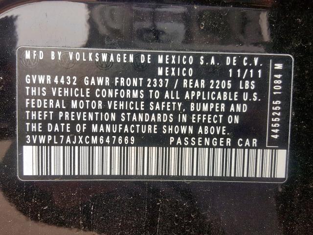 3VWPL7AJXCM647669 - 2012 VOLKSWAGEN JETTA TDI BLACK photo 10