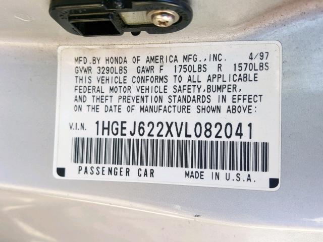 1HGEJ622XVL082041 - 1997 HONDA CIVIC DX SILVER photo 10