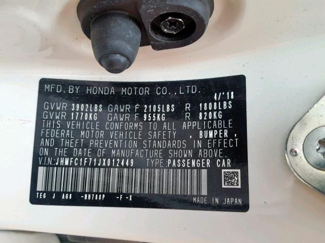 JHMFC1F71JX012449 - 2018 HONDA CIVIC EXL 白色 照片 10