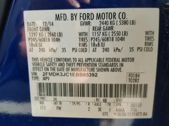 2FMDK3JC1EBB85392 - 2014 FORD EDGE SEL BLUE photo 10