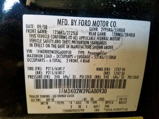 1FMDK02W39GA00930 - 2009 FORD TAURUS X S BLACK photo 10