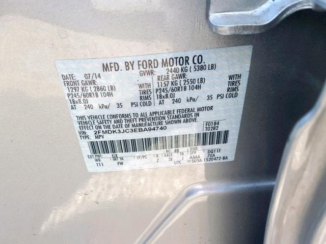 2FMDK3JC3EBA94740 - 2014 FORD EDGE SEL SILVER photo 10