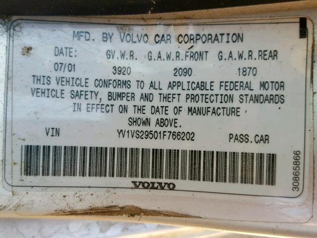 YV1VS29501F766202 - 2001 VOLVO S40 1.9T SILVER photo 10