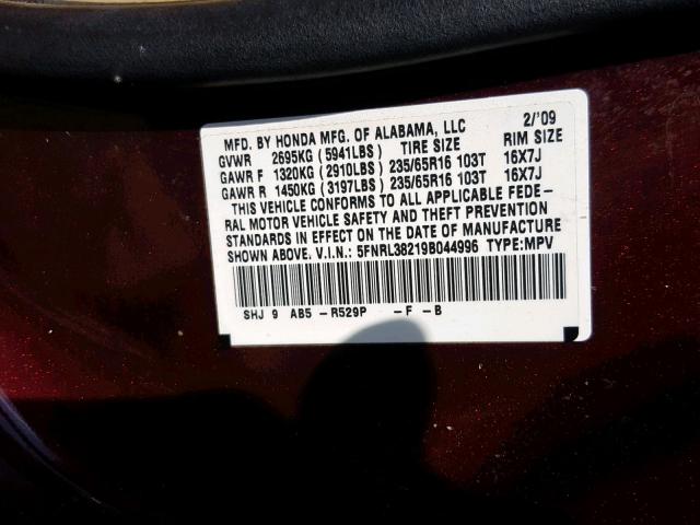 5FNRL38219B044996 - 2009 HONDA ODYSSEY LX MAROON photo 10